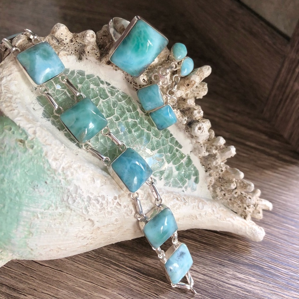Square larimar bracelet and earrings set